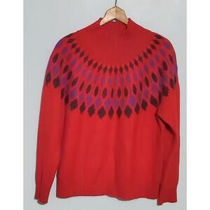 Anne Klein Womens Red Fair Isle Mock Neck Sweater Size XL Preppy Cabincore Cozy